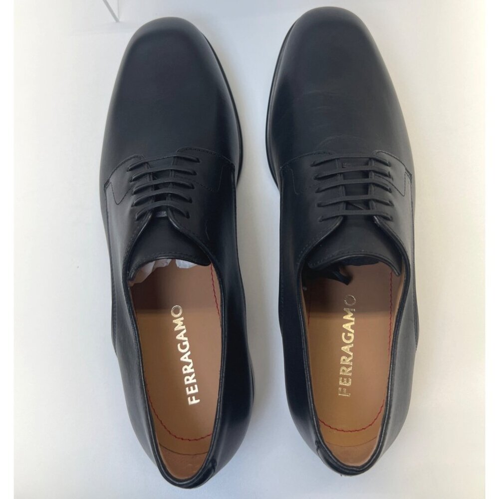 Ferragamo Fosco Men Leather Shoes Black Derby Oxfords Size 9.5